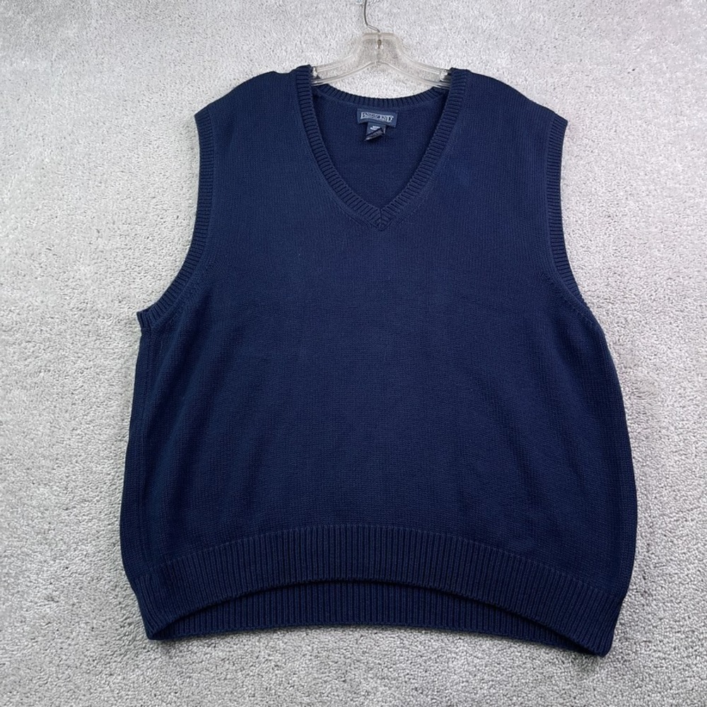 Vintage Lands End‎ Sweater Vest Mens Large Navy Blue Knit V Neck Pullover USA